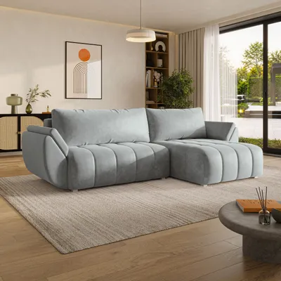 Produktbild von Masseno Ecksofa OLSI mit Schlaffunktion L-Form, Sofa mit Bettkasten, Wohnzimmersofa, Couch, Soffa, Bettsofa, Couchgarnitur- Hellgrau, MONOLITH 84