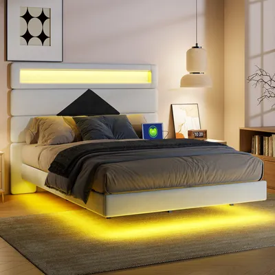 Zdjęcie produktu dla Łóżko tapicerowane 140 x 190 cm podwójne łóżko z USB i Led, rama łóżka łóżko pojedyncze łóżko podwójne projekt łóżko z listwową ramą drewniane listwy wspornik zagłówka, rama łóżka 140x200