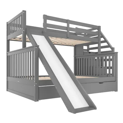 Produktbild von Flieks Etagenbett 90x200cm, Kinderbett mit Rutsche, Hochbett mit Treppe, Jugendbett mit Lattenrost und 2 Schubladen, Massivholzbett Stockbett, Grau