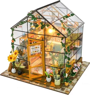 Image de Habarri | Maison Miniature - DIY Maison de Poupées - Maison en Bois avec Meubles et éclairage LED - Cadeau pour Enfants - Serre Colorée