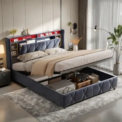 Obrázek produktu pro UnboxG Čalouněná postel 140x200 cm s funkcí nabíjení (USB a zásuvka), úložný box s pružinami a úložným prostorem, postel pro mladé manželská postel s LED, sametová, šedá