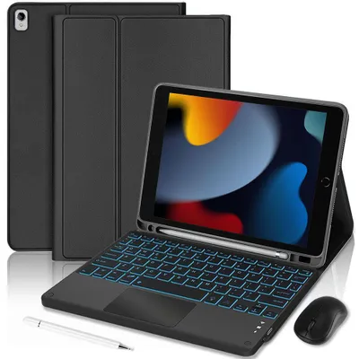 Image de Coque Clavier pour iPad 10,2" (2019/2020/2021) CuirPolyuréthaneNoir avec Clavier Rétroéclairé + Souris + Stylet