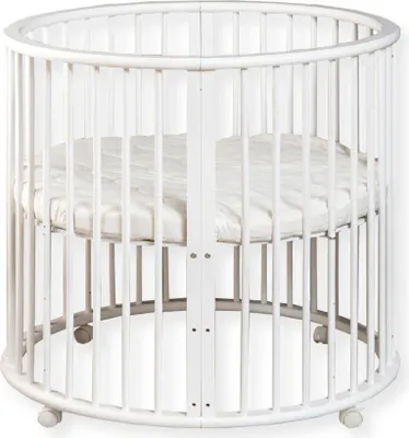 Produktbild von Buxibo – Babybox – Runde Spielkiste aus Holz – Laufstall – Inkl. Matratze – 91x91x85 cm – Weiß