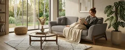 Immagine prodotto di Divano moderno grigio a 3 posti, divano di design in tessuto e legno, stile minimalista
