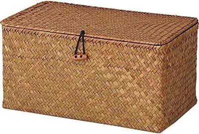 Produktbild von Rattankorb Aufbewahrungskorb aus Seegras mit Deckel Natürliches Material (Mittel 32*22*15cm H)