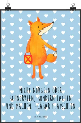 Produktbild von Mr. & Mrs. Panda Bild Fuchs Laterne DIN A2 - Blau Pastell - Geschenk, drucke, Sankt Martin, Positiv, Wanddekoration, Optimistisch, wanddeko, Plakat, Wandbild