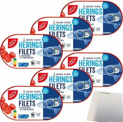 Produktbild von Gut & Günstig Heringsfilets in Tomatencreme mit Tomatenstückchen 6er Pack (6x200g Dose) + usy Block