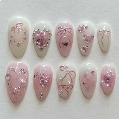 Immagine prodotto di French press on nails rosa - 24 pezzi con design 3D a cuore e gioiello