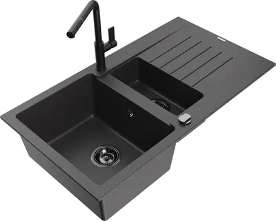 Produktbild von Mexen Matias 1,5-Becken-Granitspüle mit Abtropffläche und Mischbatterie Flora, Schwarz gesprenkelt - 6502-76-670401-70-B