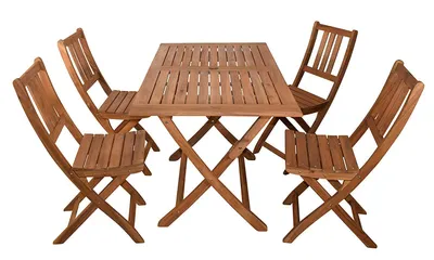 A wooden folding table and four chairs are arranged on a white background.