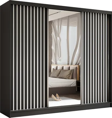 Produktbild von 240 cm Kleiderschrank Erika mit Lamellen und Spiegel inklusive 3 Schiebetüren Schwebetürenschrank Kleiderstange Lieferung bis in die Wohnung (Farbe: schwarz, schwarz, Lamelle weiß)