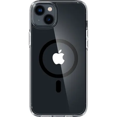 A clear, professional shot of the back of an iPhone 14 Plus with a clear Spigen case, showing the MagSafe ring and Apple logo.