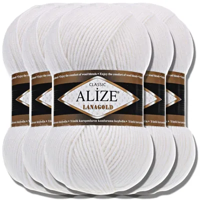 Produktbild von Alize 5x 100g Lanagold Wolle, Uni, Häkeln, Stricken (White | 55)