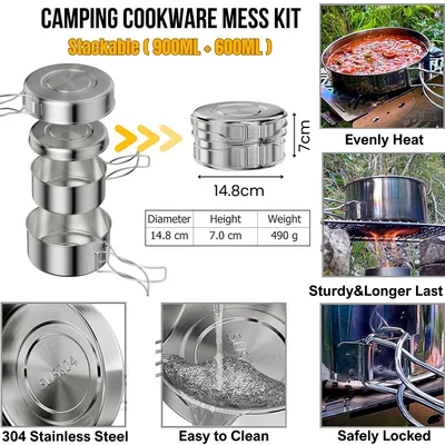 Produktbild von Camping Kochgeschirr Topfset 4-teilig, 900 ml und 600 ml, für Camping, Edelstahl
