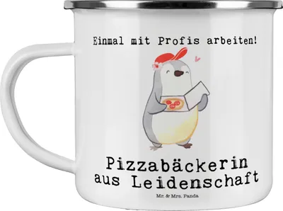 Produktbild von Mr. & Mrs. Panda Pott Pizzabäckerin Leidenschaft - Weiß - Geschenk, Emaille Tasse, Lustig, Haferl, Pizzabringdienst, Teetasse, becher, Witzig, Spruch, Campingbecher