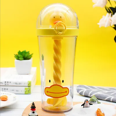 Immagine prodotto di Borraccia in plastica creativa con cannuccia, con simpatico animaletto, tazza portatile di grande capacità per studenti, adulti e bambini, giallo, 500 ml