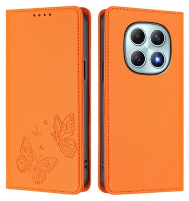 Produktbild von Lederhülle für Xiaomi Redmi Note 15 4G, Schmetterling Prägung Leder Brieftasche Schutzhülle mit Ständer Orange