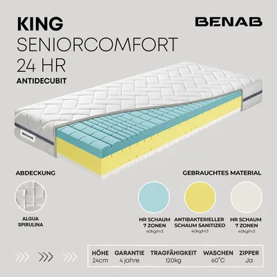Produktbild von Schaummatratze Benab King SeniorComfort 24 HR Antidecubit Matratze 70 x 195 cm H3 / H4 hart 24 cm hohe Schaummatratzen, Algua Spirulina, HR, Antibakteriell, 7 Zonen, Profilierung, Anti-dekubitus