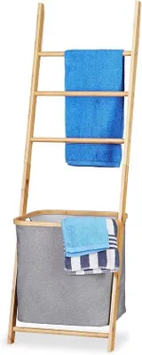 Immagine prodotto di Portasciugamani con cesto per la biancheria - Bambù - HBD: 139 x 43,5 x 33 cm - Scala per asciugamani - Portasciugamani - Legno - Sacco per la biancheria - Naturale