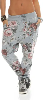 Produktbild von 130 Damen Jogginghose Hose Sweatpants Baumwolle Freizeithose Boyfriend Baggy Haremshose Einheitsgröße (36-40)  Blumen Muster Print, Hellgrau