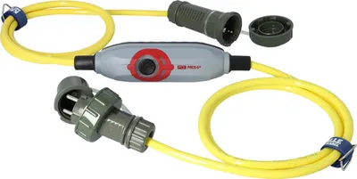 Produktbild von KALLE DAS KABEL Personenschutzschalter PRCD-S+ Aquasafe IP68 mit H07BQ-F 3G 2,5 mm² 1,5 Meter 16A 230V PUR-Kabel GELB mit Stecker und Kupplung in TM Ausführung Bronzegrün Sicherheitskabel Stromkabel Polyurethanleitung Sicherheitsschalter