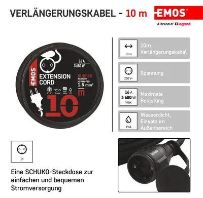 Productafbeelding van 10 meter verlengkabel, kabel 3x1,5mm², Schuko verlengsnoer, 16A, rubber, IP44