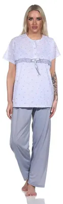 Produktbild von Damen 2 tlg. Pyjama lange Hose Shirt in kurzen Ärmeln Grau/M/38