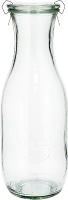 A clear glass bottle with a wire bail closure and a green rubber gasket.