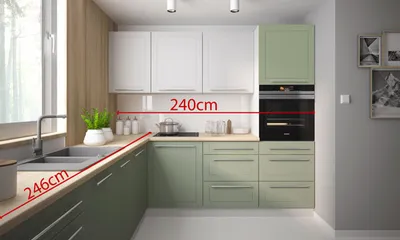 Immagine prodotto di Mobile da cucina 245x240cm grigio / bianco segnale - verde pallido laccato opaco Mobile da cucina