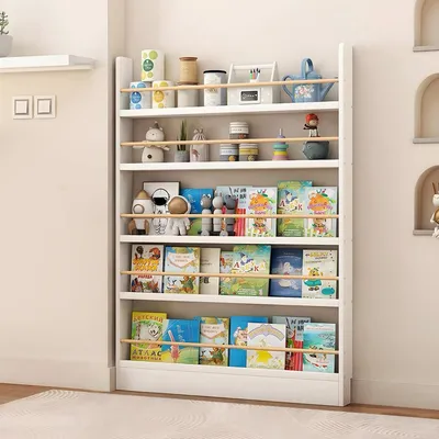 Image de Étagère murale pour livres pour enfants, en bois, de couleur blanche, dimensions 50x10x145 cm