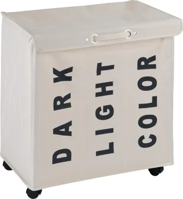 A beige laundry sorter with three compartments labeled 'DARK', 'LIGHT', and 'COLOR', shown on a white background with wheels.
