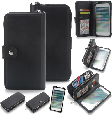 A collage of images showing a black wallet phone case from different angles, including open and closed views, and with cards and a phone inserted.