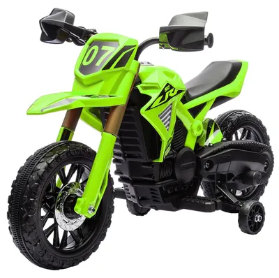 Zdjęcie produktu dla Elektryczny motocykl dla dzieci - motocykl dziecięcy z bocznymi kołami | Kolor: Zielony | Wymiary: 57x105x62 cm