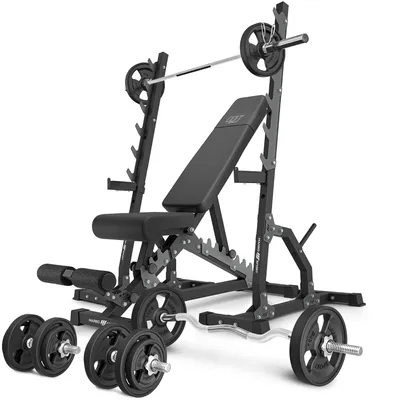 Produktbild von Marbo Sport - Set MS24_2.0_83KG_G | Doppelseitige Bank + Multilevel-Ständer (2 Stück) + Stangen- und Hantelscheiben gummiert Set 83 kg