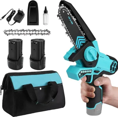 Imagen del producto de Mini motosierra - Sierra de podar y de ramas de 12V con 2 baterías y lubricación automática de la cadena, ideal para jardinería