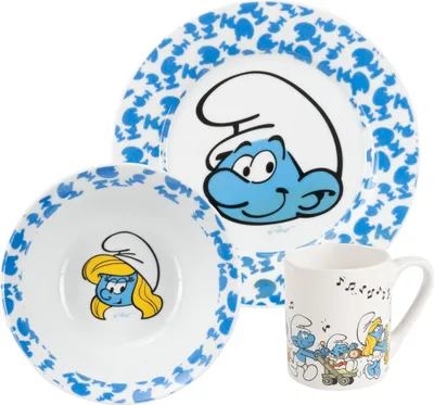 Produktbild von Die Schlümpfe Frühstücksset für Kinder - Geschirr Set 3-tlg. Teller, Schale & Tasse aus Porzellan Blau