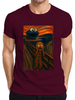 Immagine prodotto di Maglietta da uomo Gingerbread Man Scream Cookie Monster Evening Red Scary Carnival Shrovetide, Borgogna, L