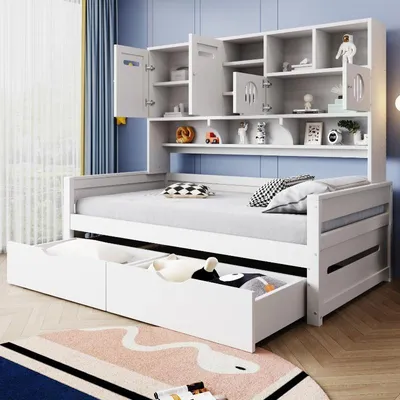 Produktbild von Jugendbett 90x200cm aus Kiefernholz in Weiß mit Stauraum, 2 Schubladen, Ablagefächern und Lattenrost für kleine Räume