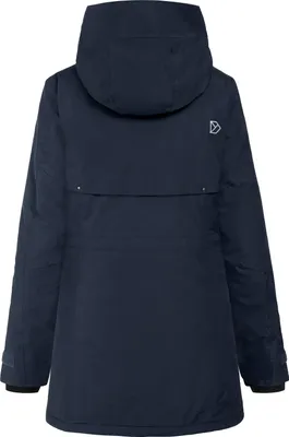 The back view of a dark blue parka jacket.