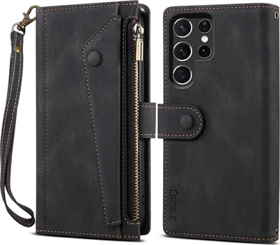 Produktbild von Schutzhülle für Samsung Galaxy S22 Ultra 5G Reißverschluss Hülle, Leder Klapphülle Kartenfach Standfunktion Brieftasche mit Trageband Schwarz