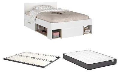Produktbild von Bett 120 x 190/200 cm mit Kommode und - Weiß und Natur + Rahmen + Matratze - KINSELIA