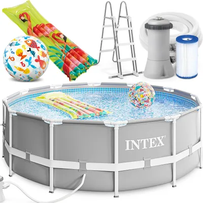 Produktbild von INTEX 366x99 cm Prism Metal Frame Swimming Pool Schwimmbecken Komplett-Set mit Extra-Zubehör wie: Strandball und Luftmatratze