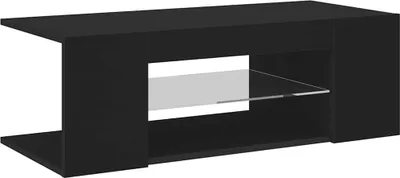 A black TV stand with a glass shelf in the center.