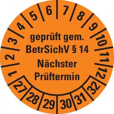 Produktbild von Dreifke® Prüfplakette  gem. BetrSichV §14,27-32,orange,Dokumentenfolie...