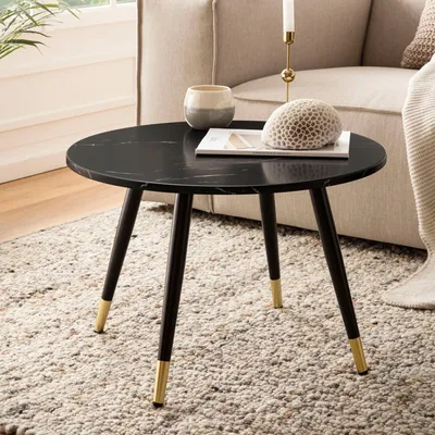 Obrázok produktu pre Konferenčný stolík 60x60x41 cm s mramorovým vzhľadom čierny moderný, dizajnový obývačkový stolík s kovovým rámom, rozkladací stolík okrúhly stolík, príručný stolík obývačka | Wohnling