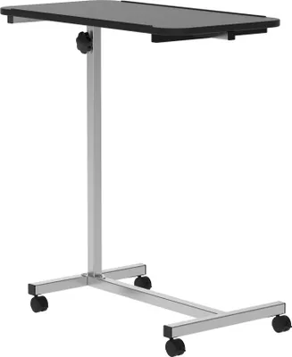 A black and silver adjustable height side table with wheels on a white background.