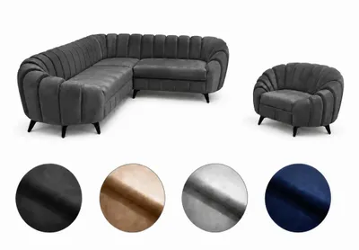 Zdjęcie produktu dla Zestaw wypoczynkowy Verno – sofa narożna 270x210 + fotel w nowoczesnym stylu, sprężyny Bonell HR45, wysokiej jakości tapicerka, styl loftowy i glamour, wolnostojący, ergonomiczny, ciemnoszary