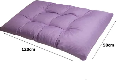 A purple cushion is shown against a white background, with dimensions indicated by lines and text.