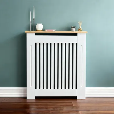 Obrázek produktu pro FATIVO Kryt topení 78×20×92,5 cm – Vysoký kryt topení v bílé barvě s dřevěnou strukturou, z zesíleného MDF, vertikální lamely
