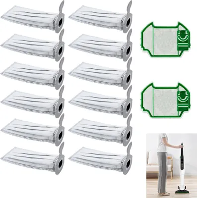 A collection of vacuum cleaner bags and filters, with a person and a vacuum cleaner in the background.